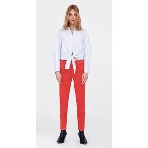 Zara Z1975 Basic Red Mom Jeans Mid-High Waist Fit with Retro Americana Vibe